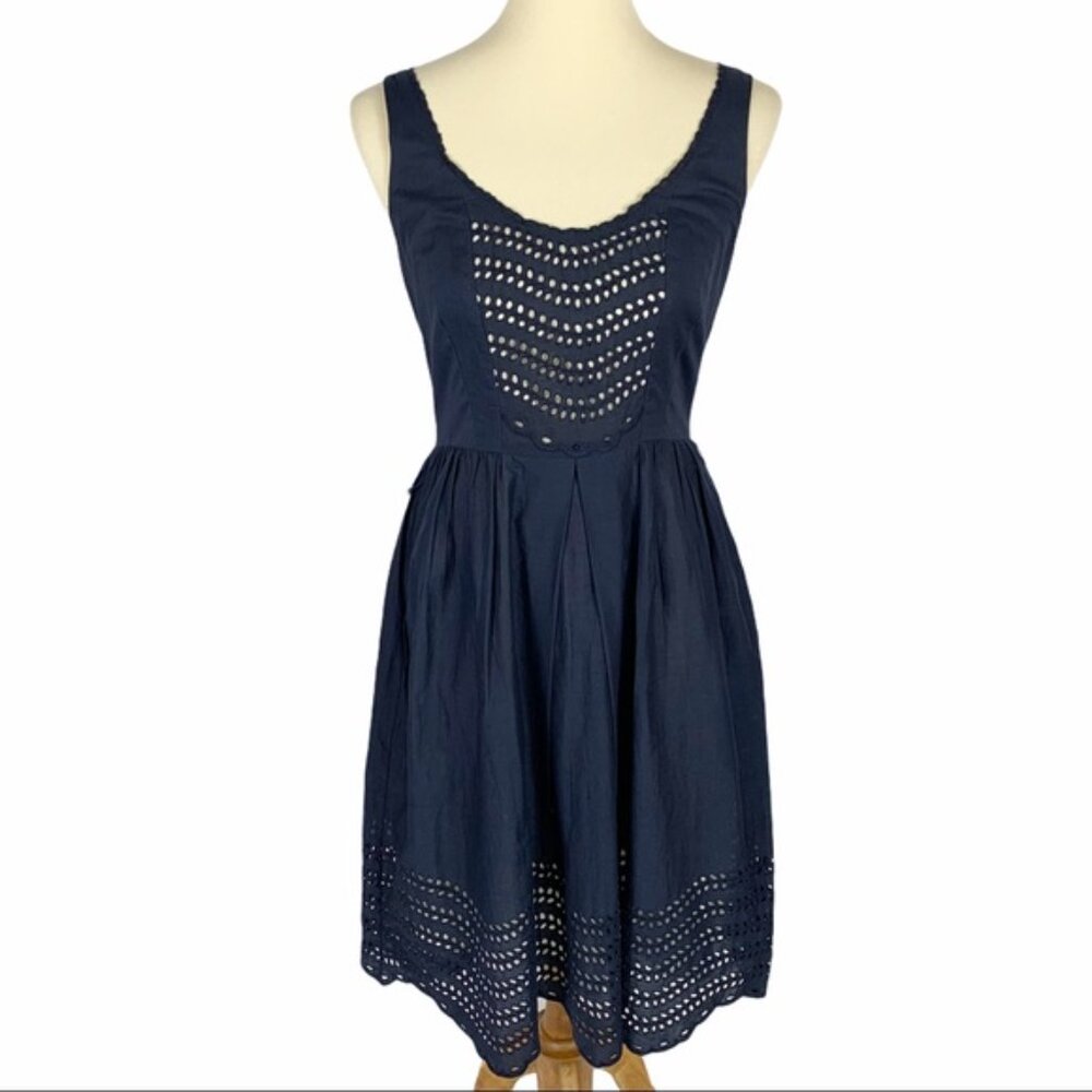 Anthropologie Moulinette Soeurs Dress Size 2 Navy Eyelet Scalloped Cotton Silk